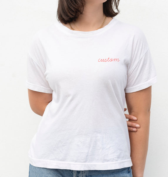 premium basic tee white with custom embroidery